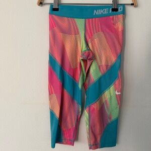 Nike Pro Dri-FIT Women Teal Pink Geometric Striped Mesh Crop Leggings Capris